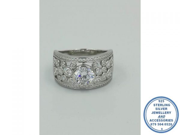 925 Sterling Silver Designer's Wedding Ring Statement Large Round Middle Tube setting with side tube cubic rounds and 2 side bands all as 1 ring