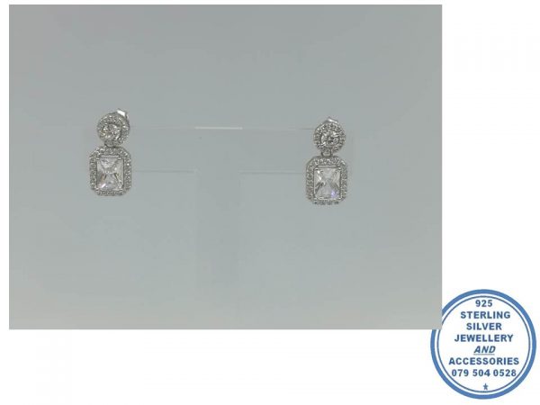 925 Sterling Silver Royal CLEAR Cubic Round And Rectangular Halo Earring Dangle Stud