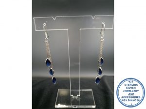"925 Sterling Silver Statement Royal Denim Blue Hanging Hook in Earring with 3 Marquise Pear Shape Zirconia"