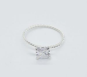925 Sterling Silver Rope Square Cubic Zirconia 6mm Ring