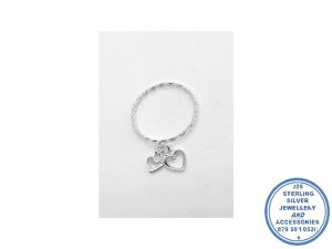 925 Sterling Silver Rope Band with double heart charm Stack Ring 