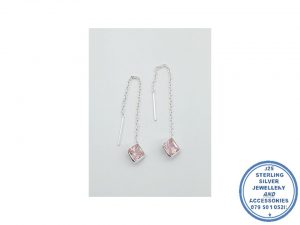 925 Sterling Silver Trendy Chain PINK  Zirconia Square Earrings