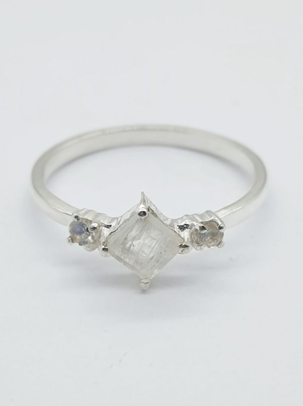 925 Sterling Silver Moonstone Diamond shape Cubic Stack Ring