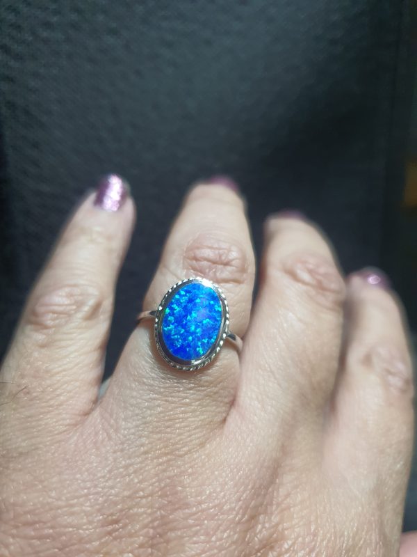 925 Sterling Silver Blue Opaline Ring - Man made
