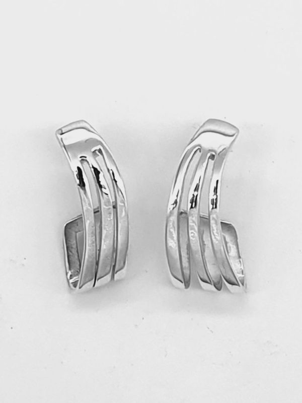 "925 Sterling Silver Long Stripe Stud Hoop Earrings"